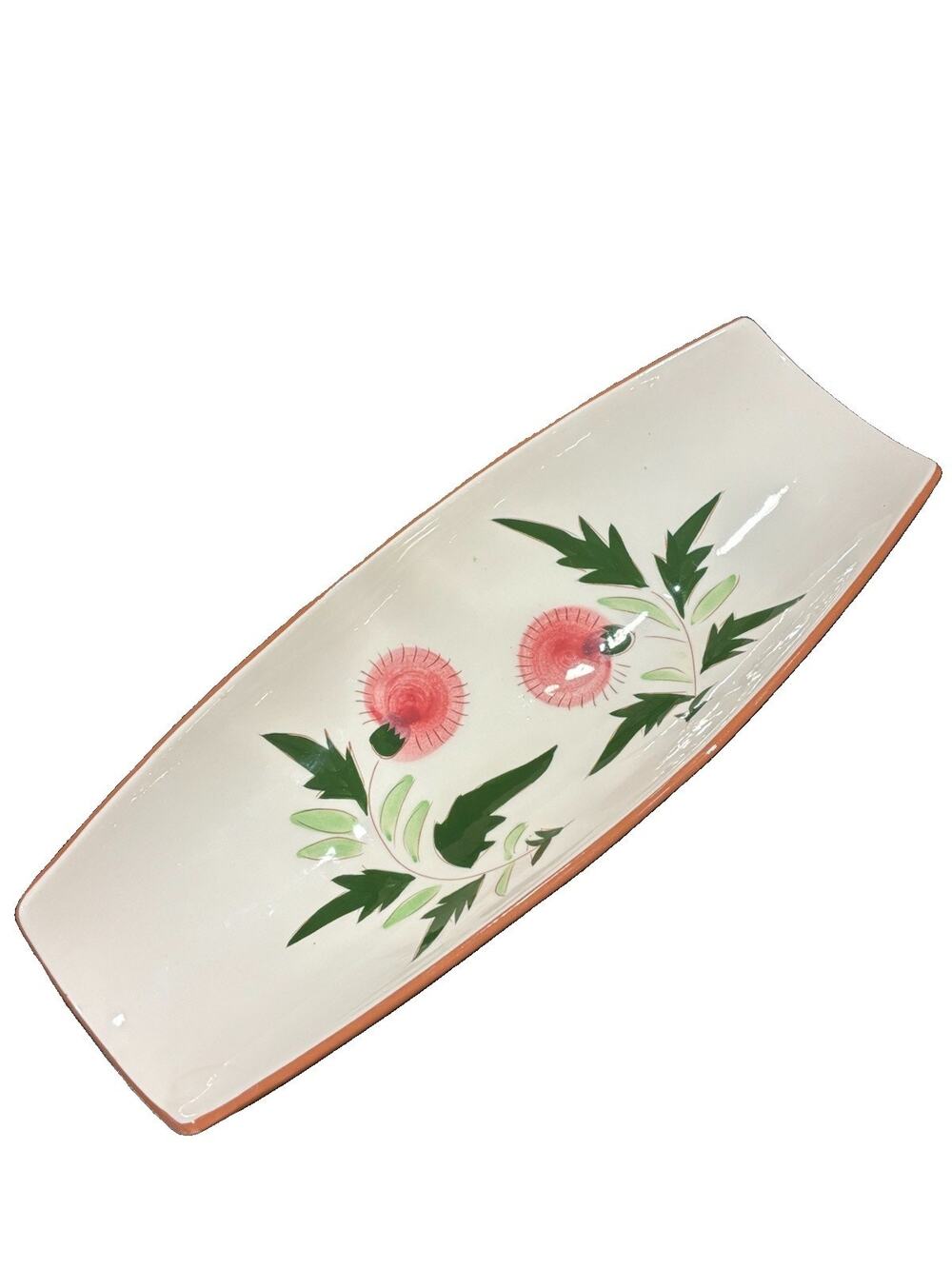 Vintage Stangl Pottery Thistle Footed Bread Tray Pink Green Floral USA 15.25”